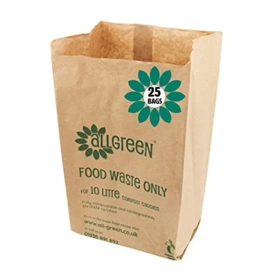 Image of 10 Litre x 25 Paper Compostable Bags Kitchen Caddy Liners Food Waste Bin EcoSack 10L Biodegradable with Composting Guide