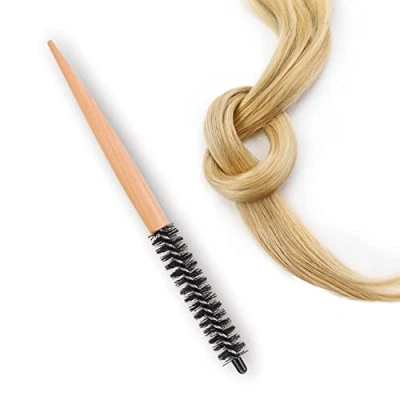 Image of ‎Gancon Mini Roller Hair Brush, Natural Wood Handle Anti static Small Round Professional Salon Hairdressing Brushes for Blow Drying Curly Styling Bangs Lifting Beard Care