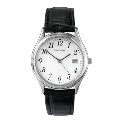 Image of Sekonda Robinson 40mm Mens Silver Watch with White Dial Analogue Display Date Window and Black Leather Strap