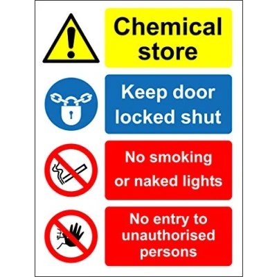Image of Chemical store keep door locked shut Safety sign Self adhesive sticker 200mm x 150mm