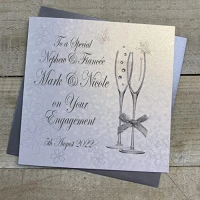 Image of WHITE COTTON CARDS PERSONALISED ENGAGEMENT CARD. ANY RELATION. NEPHEW &amp; FIANCÉE. CHAMPAGNE FLUTES DESIGN. Handmade (P22 34 NEP XP22 NEP)