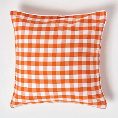 Image of HOMESCAPES Orange and White Gingham Cushion Cover 60 x cm (24 24) Block Check Pattern 100% Cotton Decorative Large Square