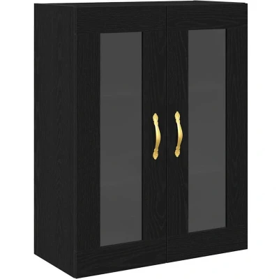 Image of vidaXL Wall Mounted Buffet Cabinet with Glass Doors Black Oak MDF, Tempered Glass, Matte Finish, Brass Handles, 2 Adjustable Shelves for Dining/Living Room Storage