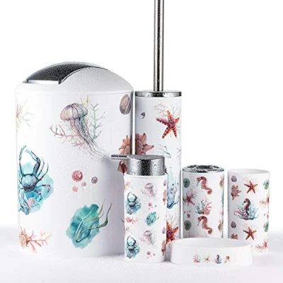 Image of JOTOM Modern Design 6 Piece Plastic Bathroom Accessory Set Luxury Bath Accessories Lotion Bottles,Toothbrush Holder,Tooth Mug,Soap Dish,Toilet Brush,Rubbish(Seahorse)