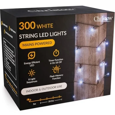 Image of CHRISTOW Christmas Fairy Lights, White LED String Lighting with Timer, Indoor &amp; Outdoor, Tree Mains Operated, 8 Light Modes Flashing Static, Green Cable (300 / 30m Lit Length)