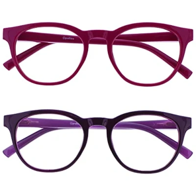 Image of OPULIZE Blu Blue Light Blocking Glasses 2 Pack Cool Round Frame Spring Hinges Improve Sleep Computer Gaming Anti Reflective Pink Purple Mens Womens BB5 45 +0.00
