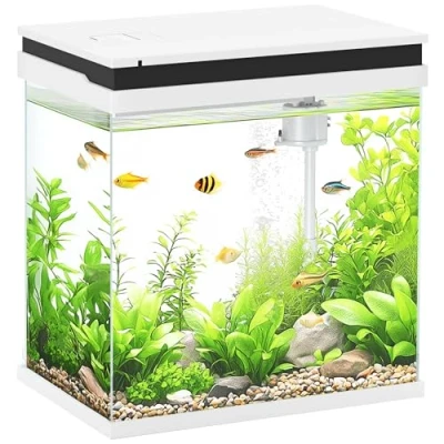 Image of PawHut Fish Tank, 14L Glass Aquarium with Filter System, LED Lights, Water Pump, Small Tank for Betta Fish, Goldfish, Shrimps, White