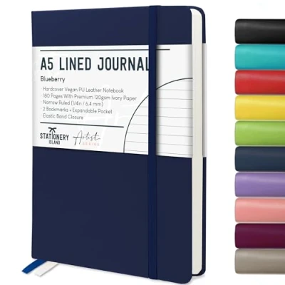 Image of STATIONERY ISLAND A5 Lined Notebook, Journal Hardcover with 120gsm Premium Thick Paper, 180 Pages Hardback Ruled Note book for Writing, Working, Study, Blueberry