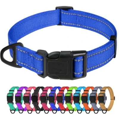Image of TagMe Reflective Nylon Dog Collars, Adjustable Classic Collar with Quick Release Buckle for Small Dogs, Royal Blue, 1.5 cm Width