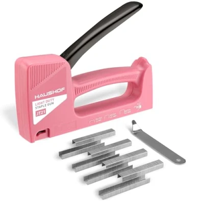 Image of HAUSHOF Light Duty Staple Gun Include 800 pc Staples and Remover, Wall Stapler Gun, Type 53/JT21(6 10mm), Ideal for Display Boards, Upholstery, Decoration, Teachers, Office, Pink
