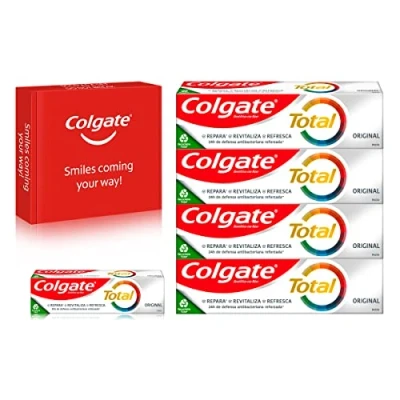 Image of Colgate Total Original Toothpaste Multipack (4 x 75ml + 1 20ml), 24 hour antibacterial toothpaste, protects against cavities, contains fluoride and strengthens enamel