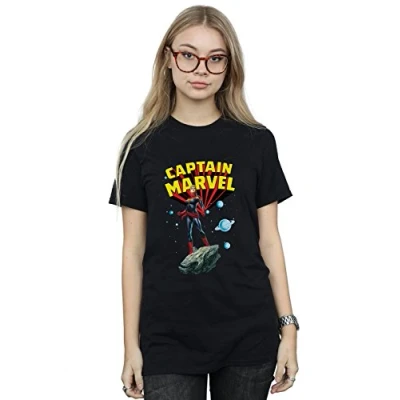 Image of Marvel Women&#039;s Captain Space Pose Boyfriend Fit T Shirt Black Large