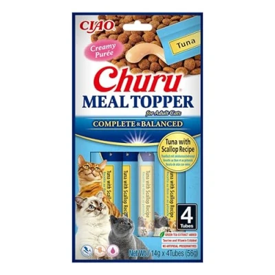 Image of Churu Meal Toppers by INABA Cat Treat Tuna with Scallop Recipe (4 x 14g) / Soft &amp; Creamy, Delicious Healthy Purée Food Topper, Natural, Grain Free