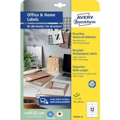 Image of AVERY Zweckform LR3424 10 Recycling Labels (120 Address Labels, 105 x 48 mm on A4, 100% Recycled Paper, Printable Self Adhesive Labels), Sheets, Natural White