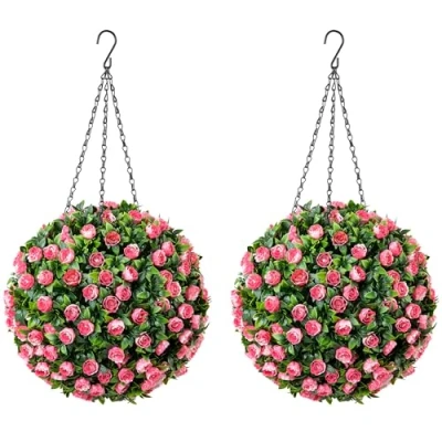 Image of CHRISTOW Pair of Artificial Rose Topiary Balls, 28cm Faux Leaf Hanging Ornaments, Pink &amp; White Flowers, Decorative Outdoor Garden Plants, Lifelike Foliage, UV Protected, Pre Attached Chain with Hook