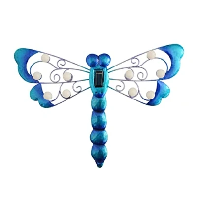 Image of QYLJZB Solar Metal Garden Wall Art Decorative, Dragonfly Decor with Light Outdoor Fence Hanging Sculpture for Home Living Room Office