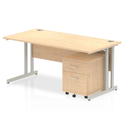 Image of Impulse 1600x800mm Desk Maple Top Silver Cantilever Leg+ Mobile Ped