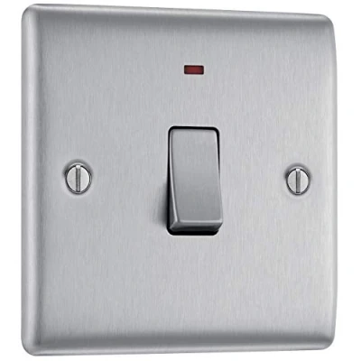 Image of BG Electrical Single Wall Switch with LED Power Indicator, Double Pole, Raised and Slim Profile, Round Edges, Nexus Metal, Brushed Steel, 20A, NBS31
