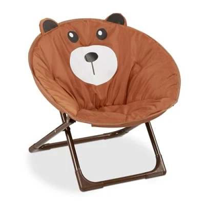 Image of Relaxdays Moon Chair Kids Foldable Indoor &amp; Outdoor Camping Seat for Boys and Girls, Bear, Brown HxWxD 48 x 51 cm, polyester, iron, Pack of 1