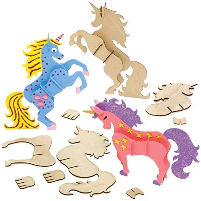Image of Baker Ross FE265 Unicorn Woodcraft Kits Pack of 4, Wooden Crafts for Children to Decorate and Display, Kids Educational Activity