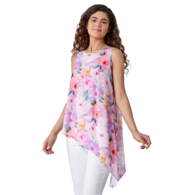 Image of Roman Floral Print Asymmetric Top for Women UK Ladies Spring Everyday Summer Holiday Round Neckline Comfy Sleeveless Soft A Line Hem Blouse Vacation Vests Lilac Size 10