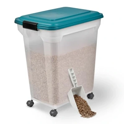 Image of Iris Ohyama Airtight Dog Food Storage Container with Wheels, 45L/15kg, Blue, Hermetic Seal, Plastic Bin Lid, For Pet Food, Cat Dry Treats, Kibble Box, BPA Free, ATS L