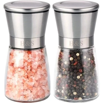 Image of H&amp;S Salt and Pepper Grinder Set Manual Mill Grinders for Kitchen Glass Stainless Steel Spice Mills with Adjustable Coarseness Easy to Use Fill Large Capacity