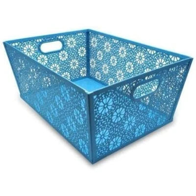 Image of ARA CHOICE Modern Rectangle Metal Floral Mesh Storage Basket Tray Bin Laundry Grip Handles for Store Office Paper Sheet, Bathroom Accessories Easy to Use with Attractive Colorful Looks (TURQUOISE)