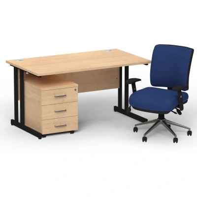 Image of Impulse 1400 Black Cant Desk Maple + 3 Dr Mobile Ped &amp; Chiro Blue