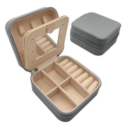 Image of igadgitz home U7286 Portable Mini Jewellery Box, Small Travel Organiser, Case with Mirror Grey