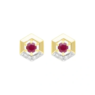Image of Ivy Gems 9ct Yellow Gold Ruby and Diamond Hexagon Stud Earrings