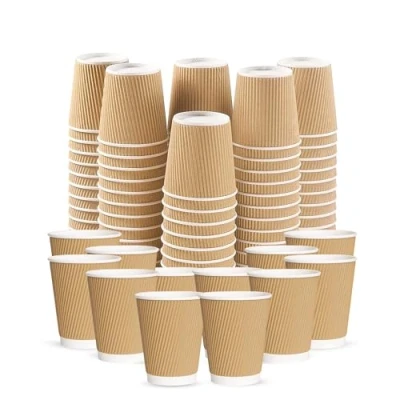 Image of Chef Royale 50x 12oz Disposable Coffee Cups Takeaway Paper for Hot &amp; Cold Drinks Kraft Triple Walled Ripple Recyclable (Without Lids)