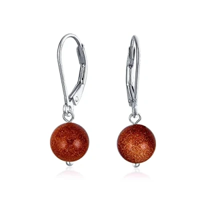 Image of Simple Plain Basic Round Brown Golden Sandstone Bead Drop Ball Dangle Lever back Earrings For Women .925 Sterling Silver