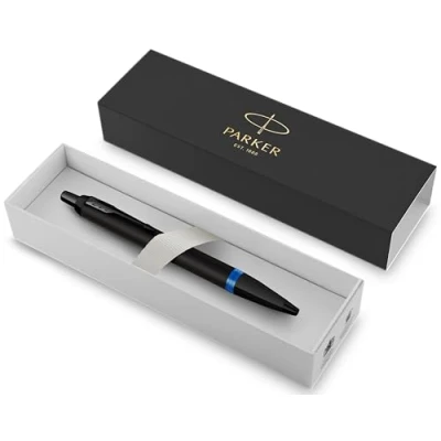Image of Parker IM Premium Ballpoint Pen Matte Black with Marine Blue Ring Ink Gift Boxed