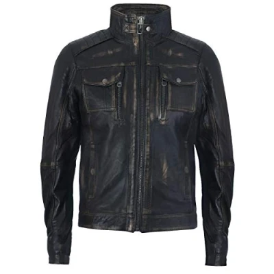 Image of Men&#039;s Racer Vintage Black 100% Leather Retro Biker Jacket Distressed Motorcycle XL
