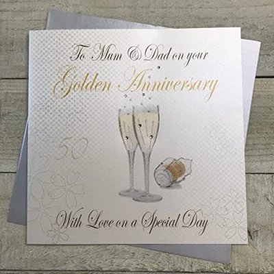 Image of WHITE COTTON CARDS To Mum and Dad, Handmade Large 5Oth Golden Anniversary Card Champagne, XLWA50M,22cm x 22cm