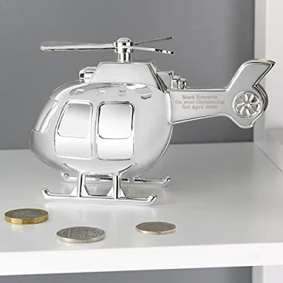 Image of Custom Personalised Silver Helicopter Money Box for Children, Christenings, Birthdays, Christmas