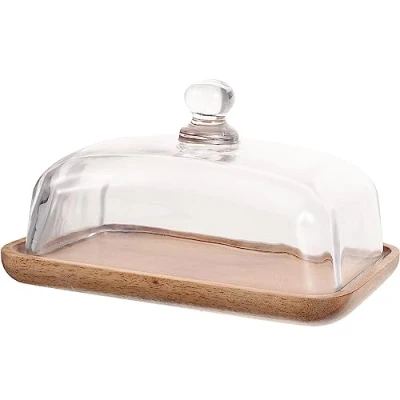 Image of Fruit Bowl Clear Butter Cheese Tray, Mini Cake Stand with Dome Covered Small Plate Wooden Dish Display Tray Rectangle Wood Platter Glass Lid Dinner Plates (7X4.6inch)