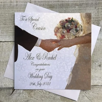 Image of WHITE COTTON CARDS Personalised Handmade Wedding Card To a Special Cousin Hands