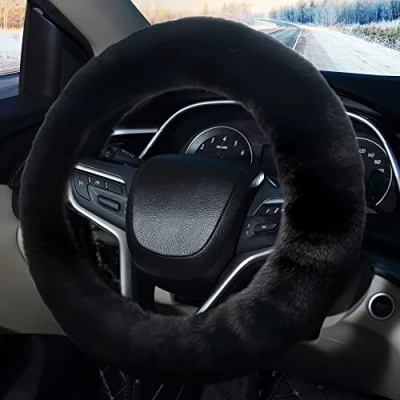 Image of Pahajim Fluffy Steering Wheel Covers, Soft Furry Car Anti skid Plush Cover Warm Wool Universal 36 39cm Winter Decoration for Women (Black)