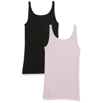 Image of Amazon Essentials Women&#039;s Slim Fit Thin Strap Tank Top, Pack of 2, Black/Lilac, L