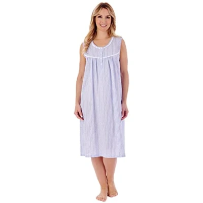 Image of Slenderella Seersucker Sleeveless Buttoned Top 42 inch Nightdress (24/26, Blue)