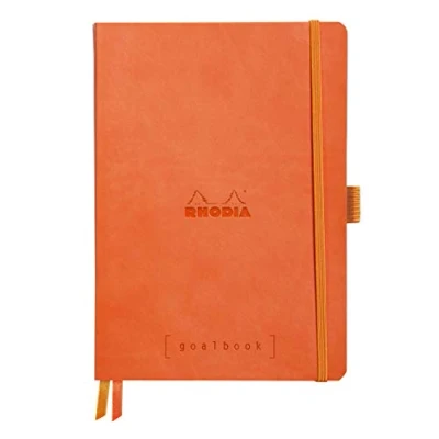 Image of RHODIA 117583C Soft Bullet Journal Goalbook Tangerine Notebook A5 Dotted Dot 240 Pages White Clairefontaine Paper 90g 2 Ribbons, Elastic Closure Faux Leather Cover