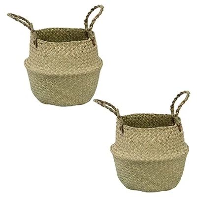 Image of Woodside Medium Woven Seagrass Belly Basket, Foldable Home Storage for Toys &amp; Laundry, Decorative Plant Pot, Beach Bag, Grocery/Picnic pack of 2
