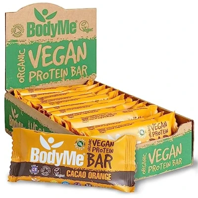 Image of BodyMe Organic Vegan Protein Bar Raw Cacao Orange 12 x 60g Snack Bars Gluten Free 16g Complete 3 Plant Proteins All Essential Amino Acids High Snacks