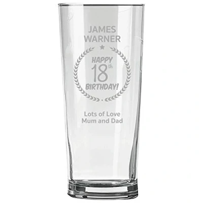 Image of Personalised Engraved Pint Glass 18th Birthday Gift, Name, Border and 18 Message Design
