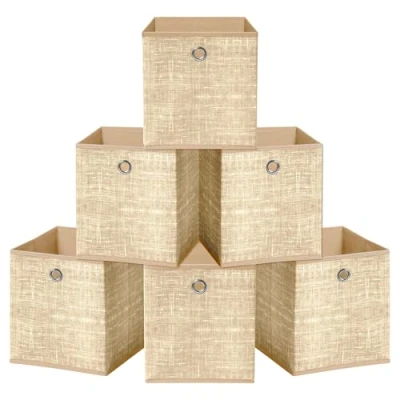 Image of HEFTMAN Foldable Storage Cube Boxes Set of 6 Beige Fabric with Grommet Handle, Space Saving for Clothes, Toys, Books Organisation (33 x 33 cm Beige)