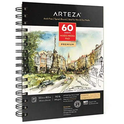 Image of Arteza 14 x 21.6 cm Mixed Media Sketch Book, 60 Sheets, 180gsm, Micro Perforated, Spiral Bound Pad, Art Supplies for Wet and Dry Media, Sketching, Drawing, Painting,White