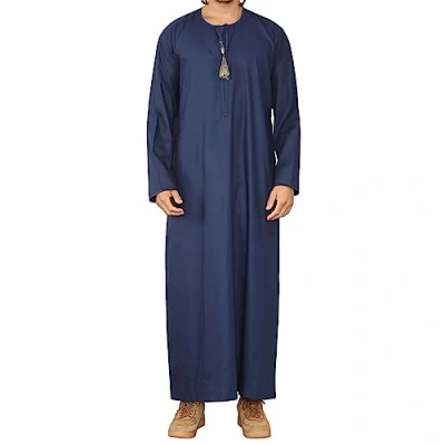 Image of Mens Thobe Jubba Islamic Clothing Muslim Kaftan Emirati Omani Robe Arab Tassel Navy gold L 56