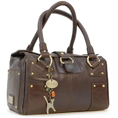 Image of Catwalk Collection Handbags Women&#039;s Medium Leather Top Handle Bag Handbag With Multiple Pockets &amp; Compartments CLAUDIA Brown